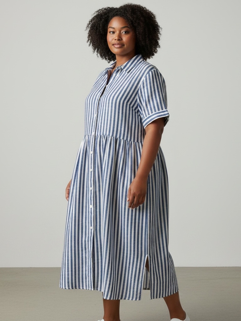 TALBOTS Coastal Blue White Striped Linen Button-Front Midi Shirt Dress 1X